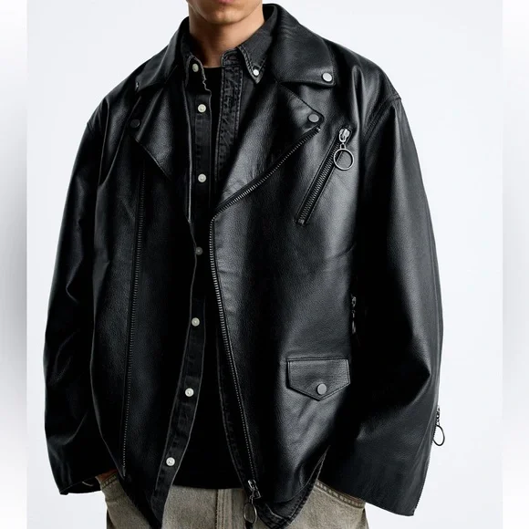 ジャケット・アウター used oversize leather riders jacket Zara men oversized leather biker jacket Black NWT